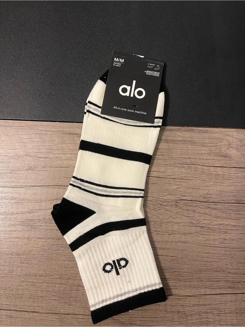 ALO Yoga Men’s Crew Socks in Black and Cream Stripe